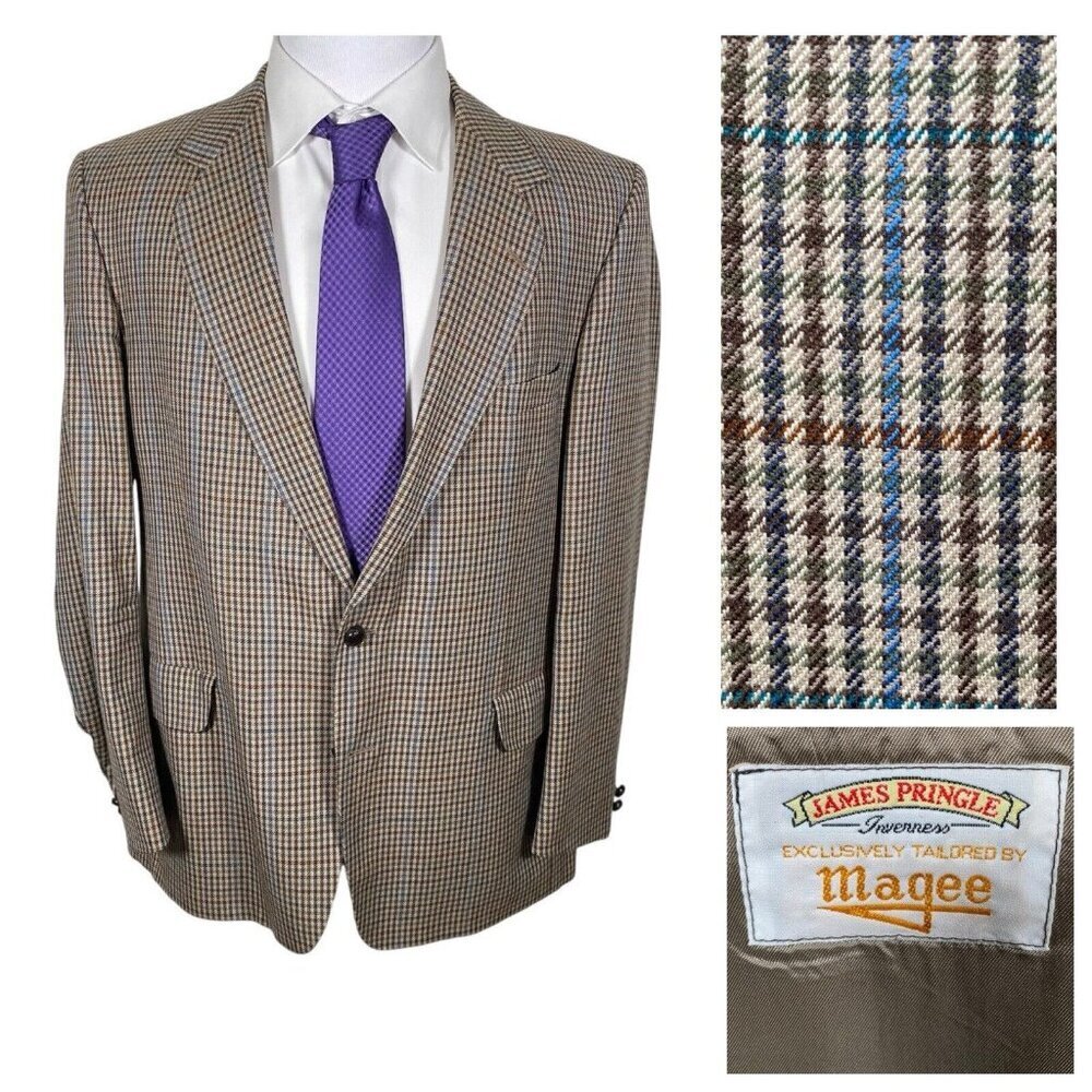 Vintage James Pringle x Magee Wolfhound Twist Gun Club Check Sport Coat 44R 46R